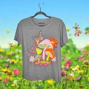 ☀️NWOT Modernlux Womens Retro Nature Vibes Top Flowers Mushrooms Print Gray L